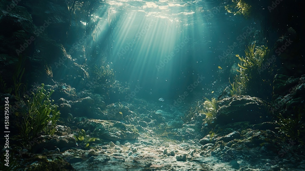 Obraz premium Stunning underwater scene: sunbeams illuminate serene aquatic world - explore vibrant coral reefs, lush seagrass, and mystical rocks. perfect for aquariums, wallpapers, and ocean-themed projects.