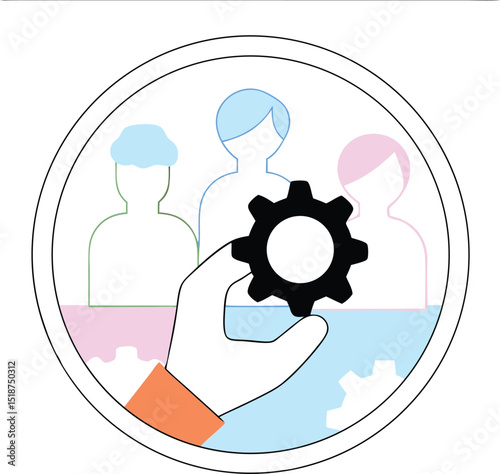 Teamwork and collaboration represented by people and gear in circle graphic