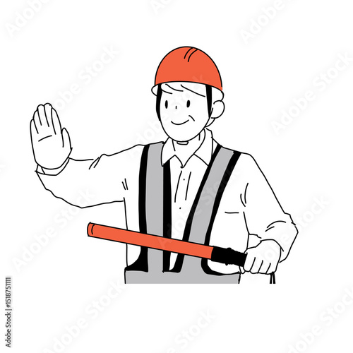 交通整理をする男性警備員のイラスト（誘導棒・ヘルメット）
