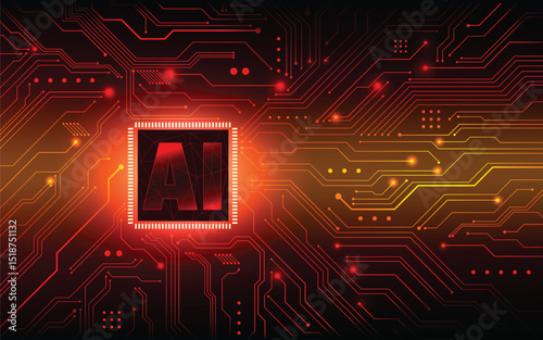 AI Chip and Glowing Circuit Board Background