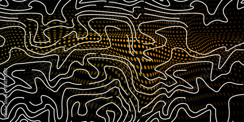 Texture lines and halftone dots. Pattern round shape. Black and Gold Background