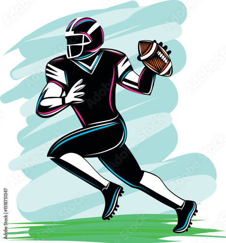 Energetic football player running with the ball during a game.