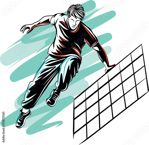 illustration of a person performing a dynamic parkour jump over a fence in an urban setting.
