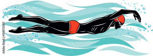 Swimmer performing a front crawl stroke, capturing speed and fluid movement.