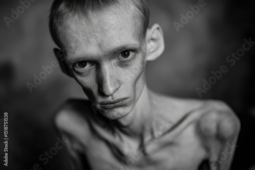 Close-up black and white portrait of emaciated young adult male with sad expression, highlighting anorexia, malnutrition, and body image issues, promoting awareness and discussion around mental health