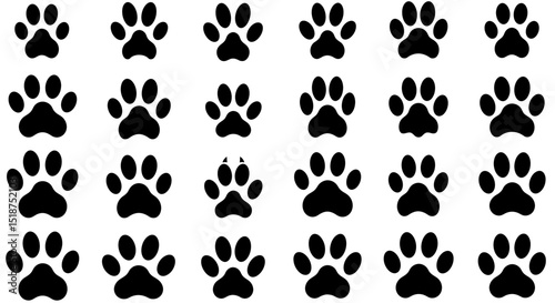 Pattern of Black Paw Prints with Four Toes and a Pad