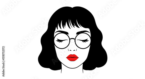Stylish Woman with Closed Eyes Bob Haircut and Round Glasses