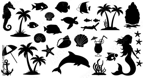 Black Silhouette Collection of Beach Ocean and Tropical Themed Elements