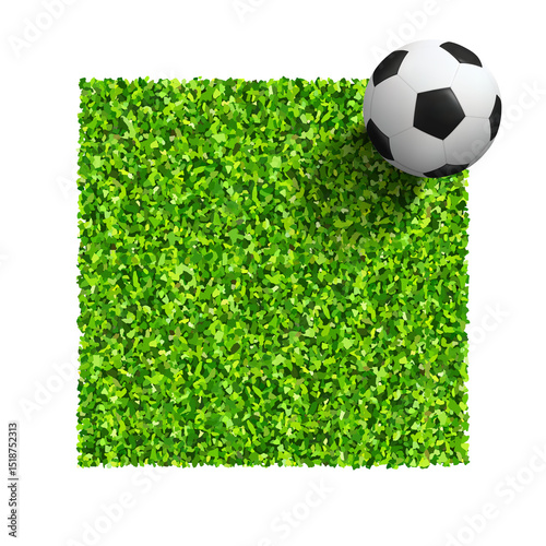 Soccer ball on green grass field. Top views of soccer ball on green grass of soccer field background with green lawn pattern and texture.
