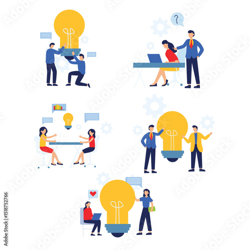 A collection of flat design illustrations showing individuals and teams collaborating, generating ideas, solving problems, and developing new concepts, often symbolized by glowing lightbulbs