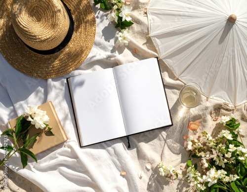 A serene outdoor setup featuring a blank notebook, sunhat, and flowers on a sandy surface