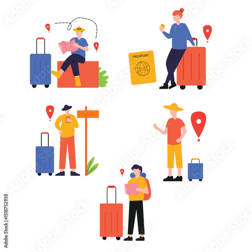 A collection of flat design illustrations depicting various aspects of travel, including people with luggage, maps, passports, and location pins, ready for a journey