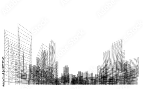 3D wireframe perspective of building. Abstract wireframe city background for template design.