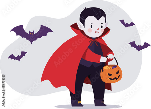 Cute little vampire boy holding pumpkin bucket with bats flying for Halloween celebration vector illustration 