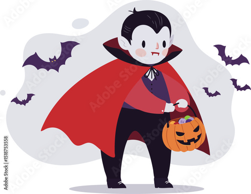 Cute vampire child in red cape holding pumpkin basket with bats flying around vector illustration for Halloween celebration 