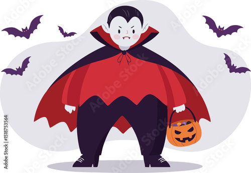 Vampire character holding pumpkin with flying bats Halloween costume in red and black cape vector illustration 