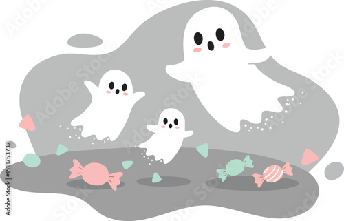 Cute ghost characters with colorful candies in playful Halloween vector illustration 