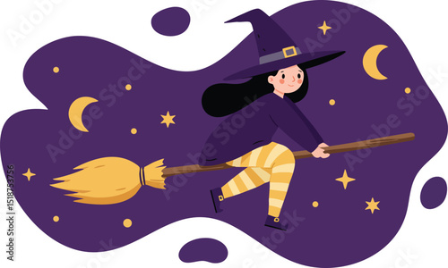 Witch flying on broomstick with crescent moons and stars in purple magical night sky vector illustration 