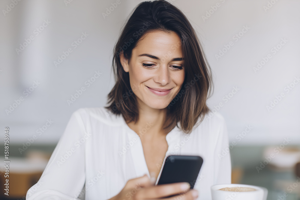 Young woman with brown hair, wearing a white blouse, is smiling while using a smartphone in a cozy cafe, enjoying a warm beverage and a relaxed atmosphere Young woman with brown hair, wearing a white blouse, is smiling while using a smartphone in a cozy cafe, enjoying a warm beverage and a relaxed atmosphere