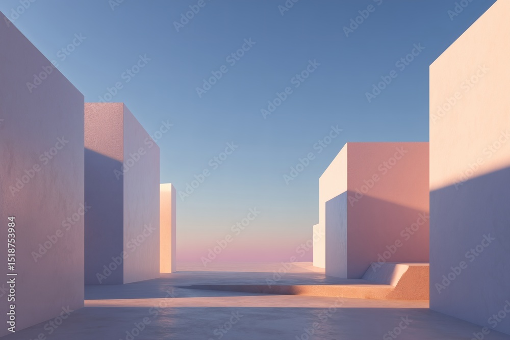 Fototapeta premium Architectural Minimalism: stark geometry softened by the pastel glow of dawn, a peaceful urban scene.
