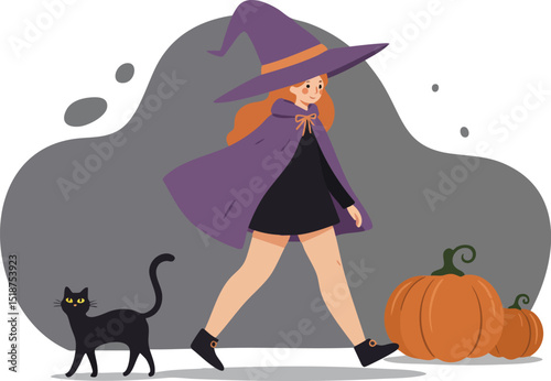 Witch Girl Walking with Black Cat and Pumpkins Halloween Theme Vector Illustration 