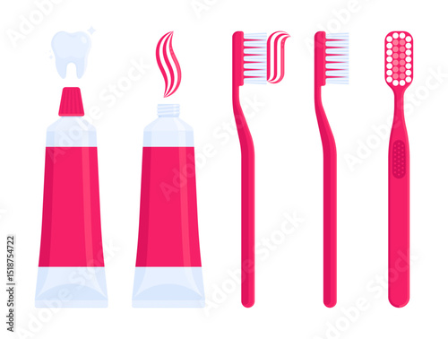 Set of pink toothpaste tubes and toothbrushes with paste on bristles. Dental care, hygiene, oral health, and personal care concept. Flat vector illustration isolated on white background