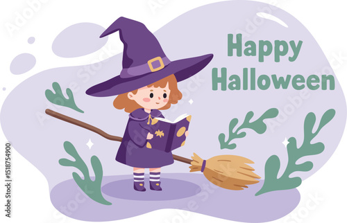 Cute witch girl flying on broomstick with Happy Halloween text in purple and green vector illustration 