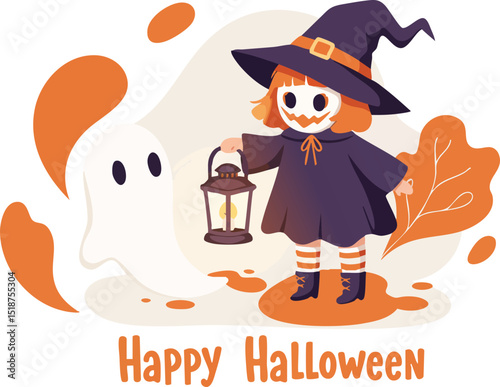 Cute Halloween witch child holding lantern with ghost and autumn leaves happy Halloween vector illustration 