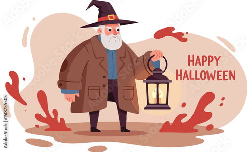Wizard holding lantern with happy halloween text spooky halloween illustration for autumn celebration vector 