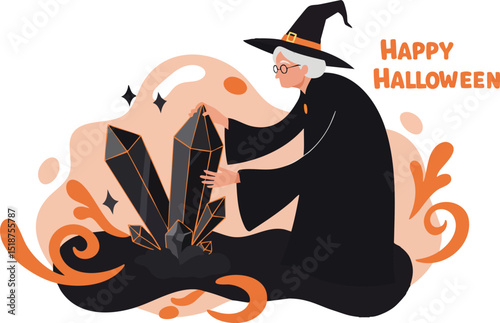 Witch with crystal ball and happy Halloween greeting in orange and black colors vector illustration for spooky autumn celebration 