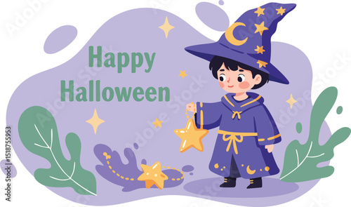 Child Wearing Halloween Witch Costume Holding Star Wand in Purple Outfit with Happy Halloween Text Vector Illustration 