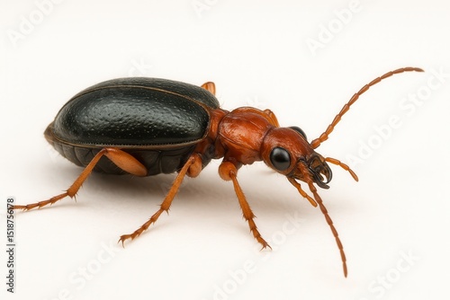 Bombardier beetle crawling on white surface
