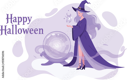 Witch with crystal ball Halloween illustration in purple tones for magical holiday celebration vector