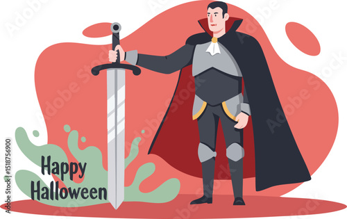 Knight character with sword and cape celebrating Halloween in costume vector illustration 