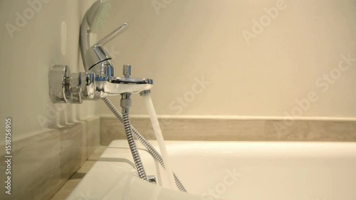 Close-up of a modern chrome bathtub faucet filling a bathtub