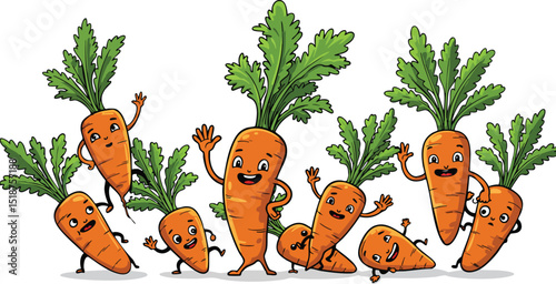 Waving Cartoon Carrots Group Illustration