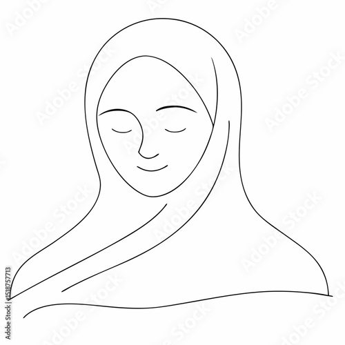 Beautiful women in hijab coloring page simple and minimal line art illustration on white background
