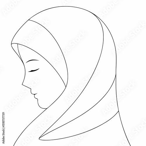 Beautiful women in hijab coloring page simple and minimal line art illustration on white background