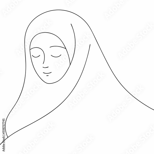Beautiful women in hijab coloring page simple and minimal line art illustration on white background