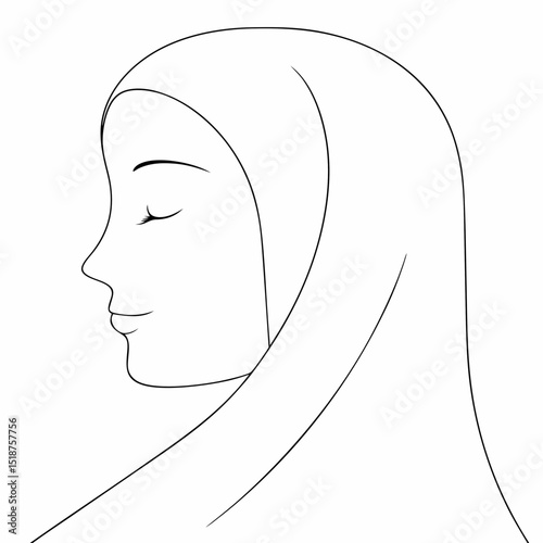 Beautiful women in hijab coloring page simple and minimal line art illustration on white background