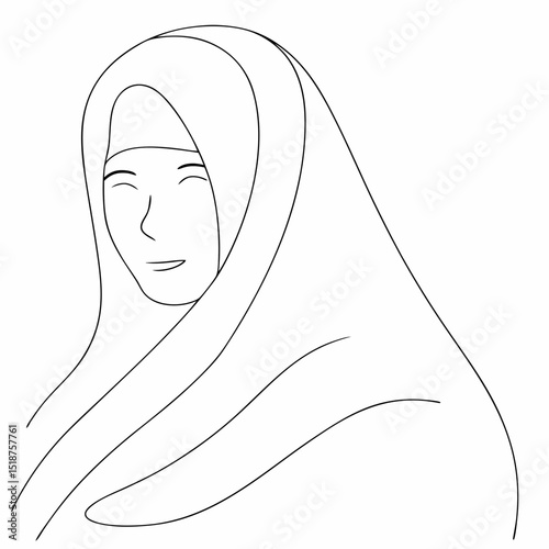 Beautiful women in hijab coloring page simple and minimal line art illustration on white background