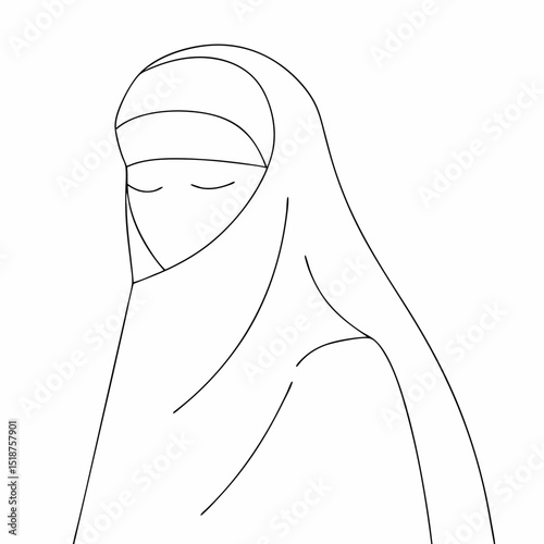 Niqab Muslim woman coloring page simple and minimal line art illustration on white background