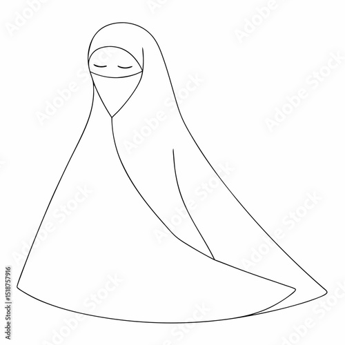 Niqab Muslim woman coloring page simple and minimal line art illustration on white background