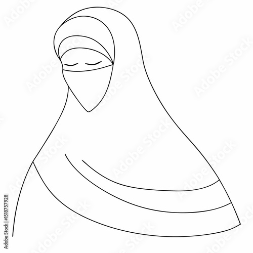 Niqab Muslim woman coloring page simple and minimal line art illustration on white background