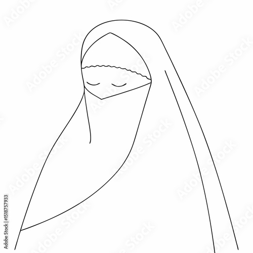 Niqab Muslim woman coloring page simple and minimal line art illustration on white background