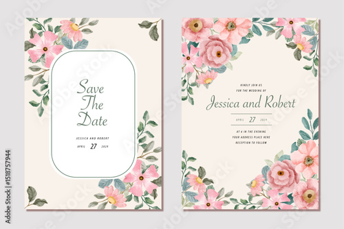 wedding invitation card with pink floral watercolor