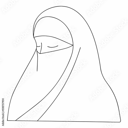 Niqab Muslim woman coloring page simple and minimal line art illustration on white background