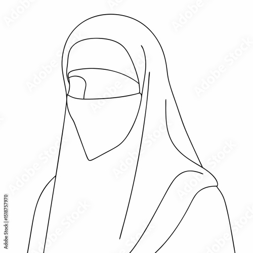 Niqab Muslim woman coloring page simple and minimal line art illustration on white background