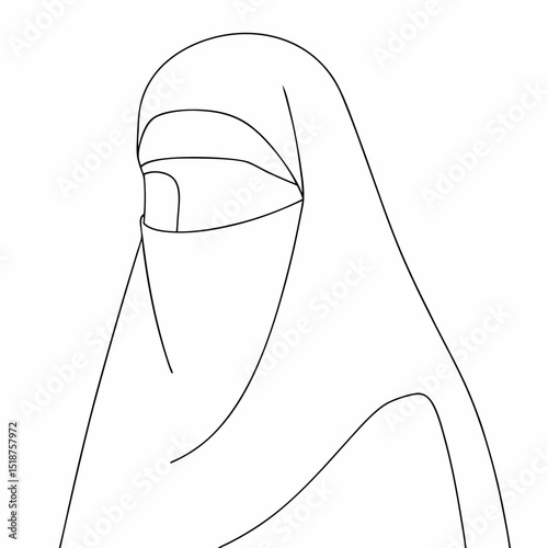 Niqab Muslim woman coloring page simple and minimal line art illustration on white background