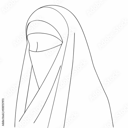Niqab Muslim woman coloring page simple and minimal line art illustration on white background